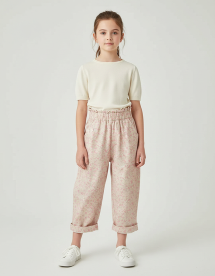 Pantalon Fluide Rose Floral Ample Taille Haute - Coton