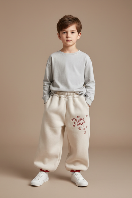 Pantalon Fluide Écru Ample Coton Motif Étoiles Garçon - Beige Molleton