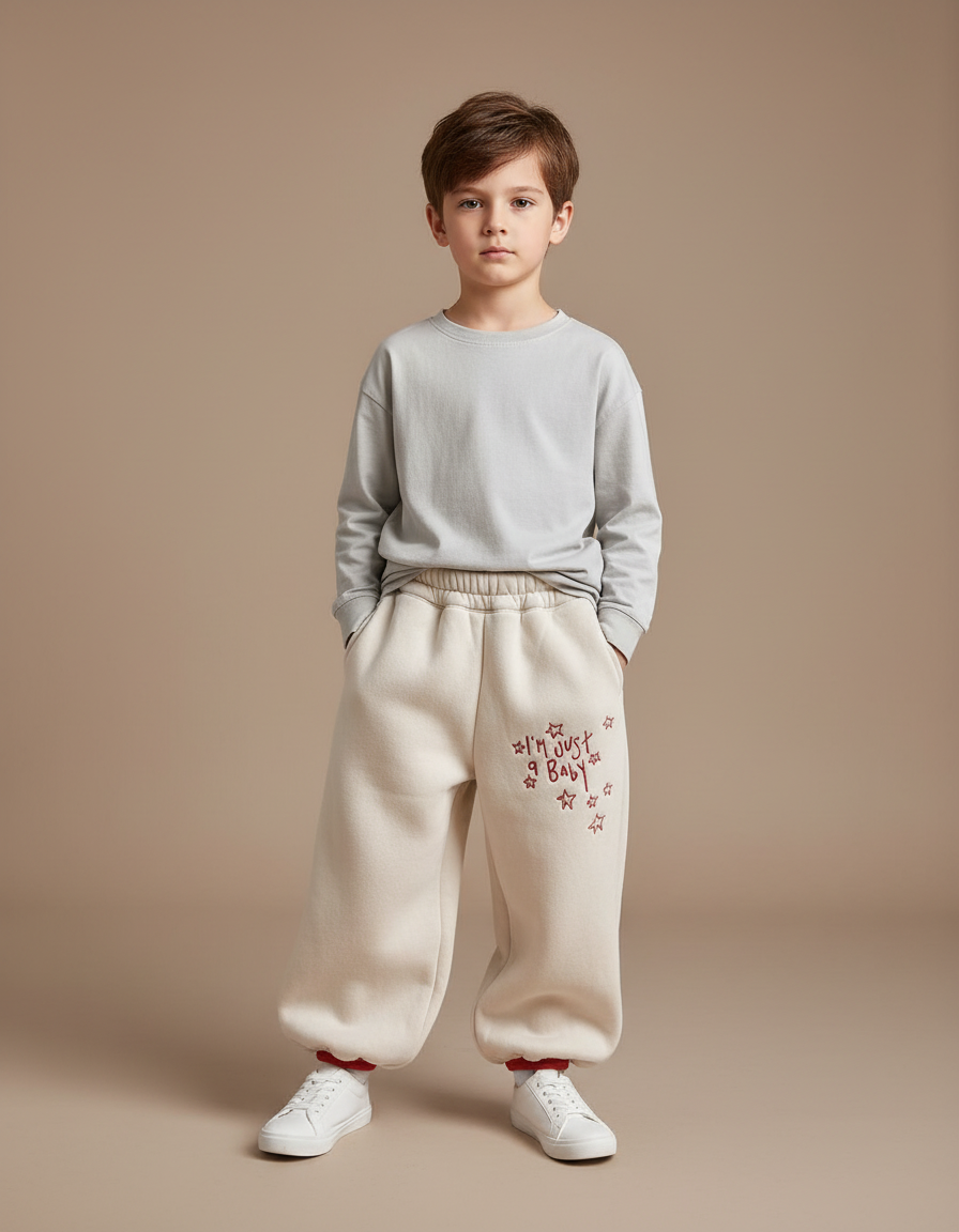 Pantalon Fluide Écru Ample Coton Motif Étoiles Garçon - Beige Molleton
