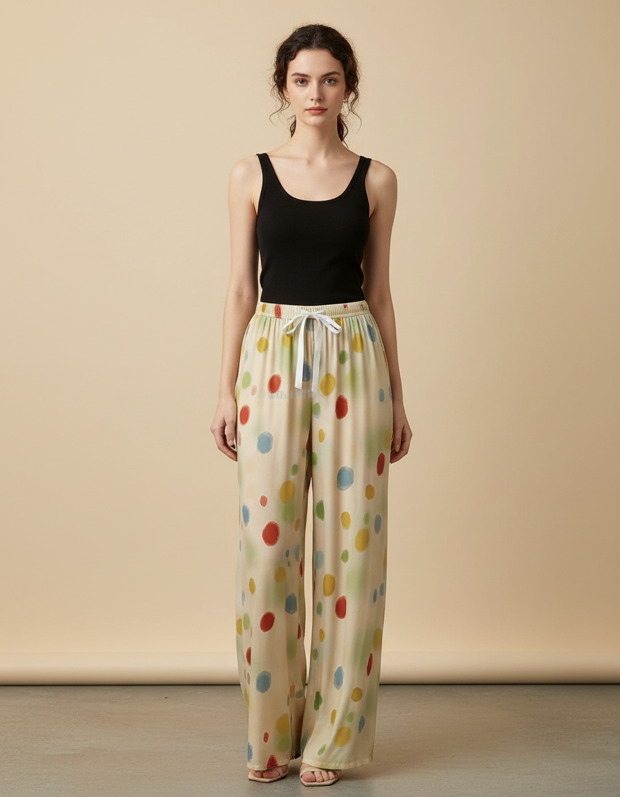 Pantalon Fluide Imprimé Pois Colorés Ample Confortable - Viscose