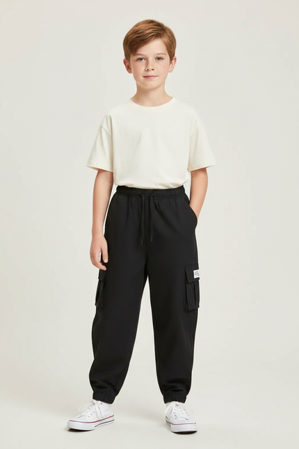 Pantalon Fluide Noir Cargo Ample Multi-Poches Garçon - Molleton