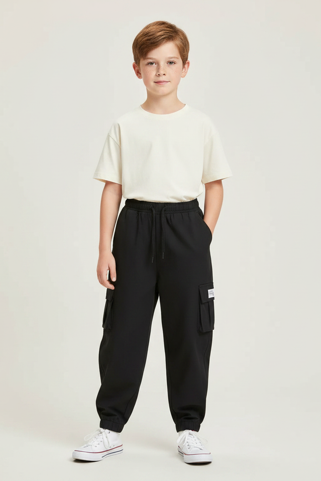 Pantalon Fluide Noir Cargo Ample Multi-Poches Garçon - Molleton