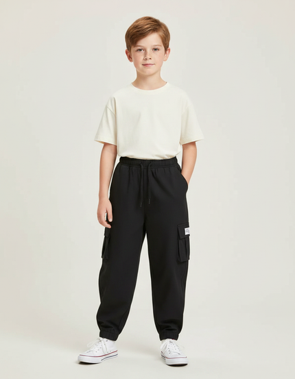 Pantalon Fluide Noir Cargo Ample Multi-Poches Garçon - Molleton