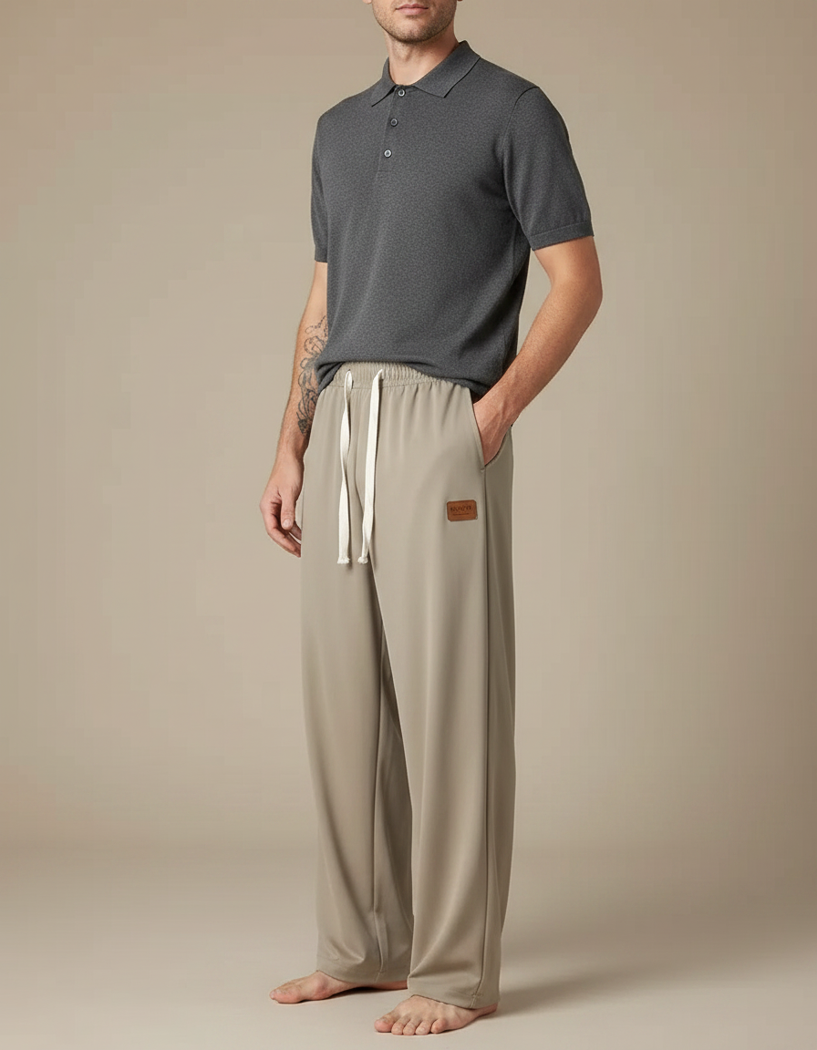 Pantalon Fluide Gris Clair Droit Sport Décontracté Cordon - Polyester