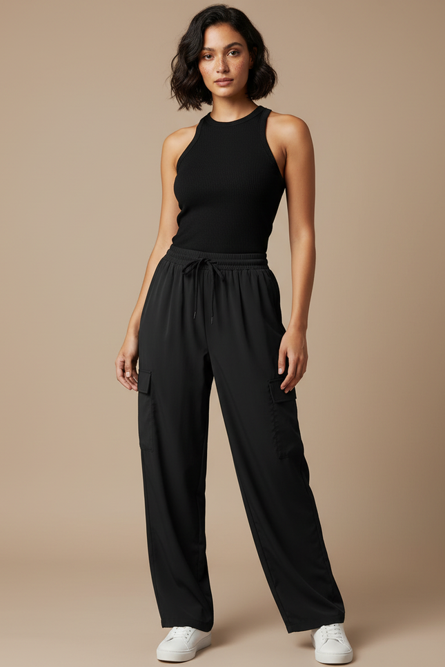 Pantalon Fluide Noir Cargo Ample Décontracté Femme - Polyester