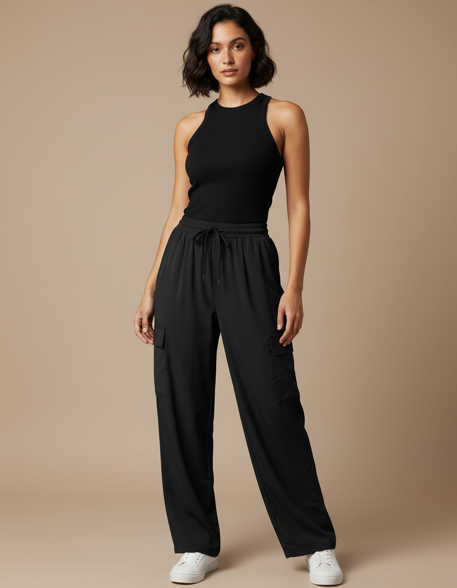 Pantalon Fluide Noir Cargo Ample Décontracté Femme - Polyester