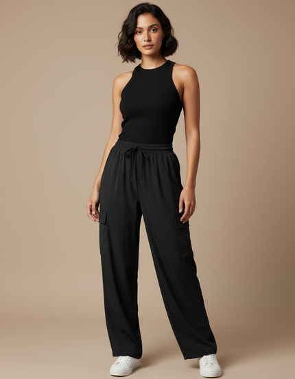 Pantalon Fluide Noir Cargo Ample Décontracté Femme - Polyester