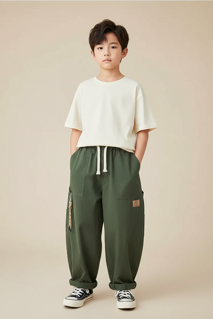 Pantalon Fluide Garçon Kaki Coupe Ample - Vert Gabardine