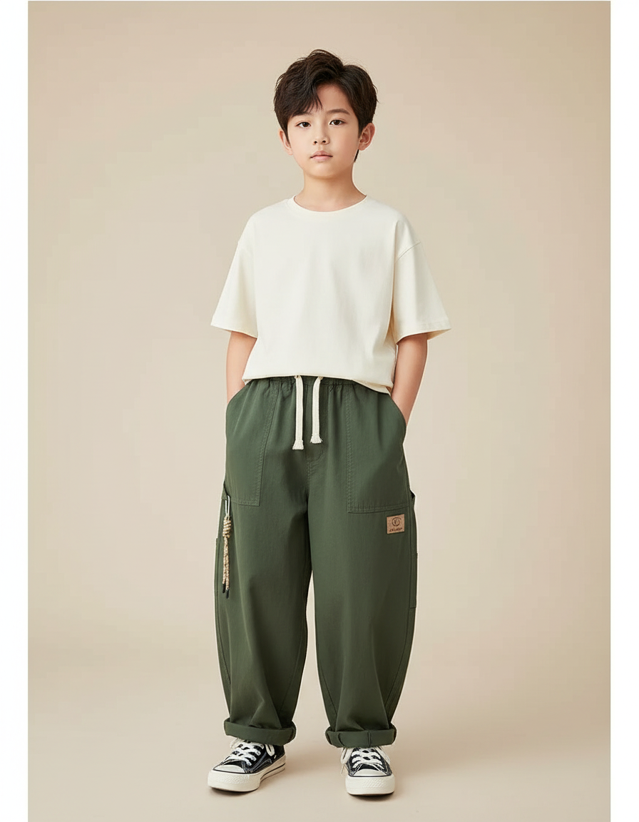 Pantalon Fluide Garçon Kaki Coupe Ample - Vert Gabardine