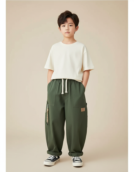 Pantalon Fluide Garçon Kaki Coupe Ample - Vert Gabardine