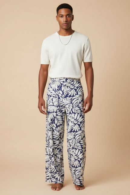 Pantalon Fluide Imprimé Feuillage Bleu Ample Homme - Marine Viscose