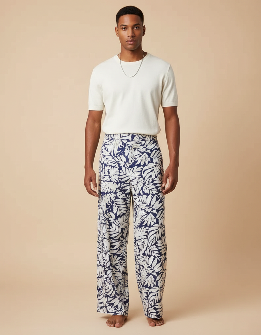Pantalon Fluide Imprimé Feuillage Bleu Ample Homme - Marine Viscose