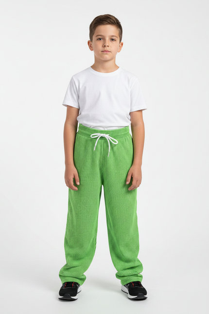 Pantalon Fluide Garçon Vert Coupe Ample - Cordé