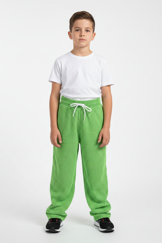 Pantalon Fluide Garçon Vert Coupe Ample - Cordé