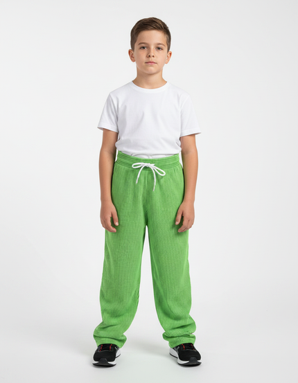 Pantalon Fluide Garçon Vert Coupe Ample - Cordé