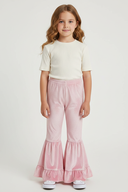 Pantalon Fluide Rose Velours Évasé Volants Brillant