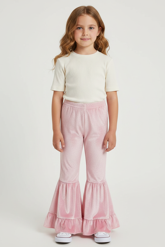 Pantalon Fluide Rose Velours Évasé Volants Brillant