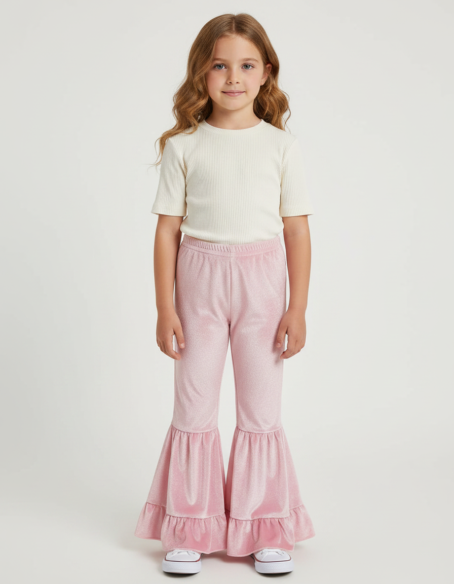 Pantalon Fluide Rose Velours Évasé Volants Brillant