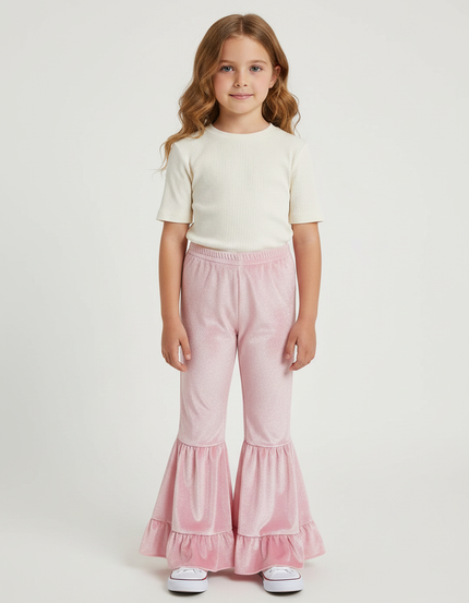 Pantalon Fluide Rose Velours Évasé Volants Brillant