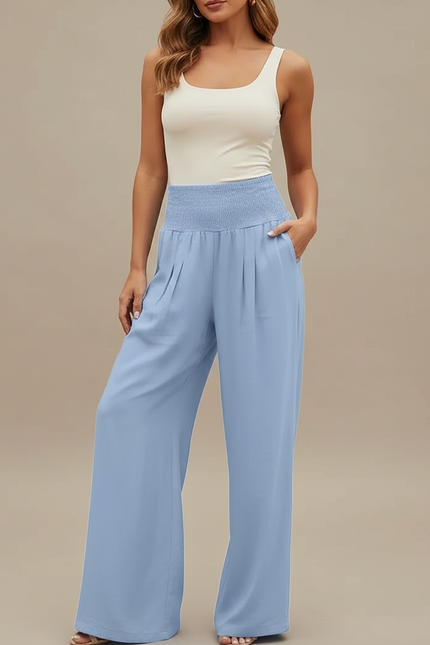 Pantalon Fluide Bleu Ciel Ample Plissé Smocké Décontracté - Polyester