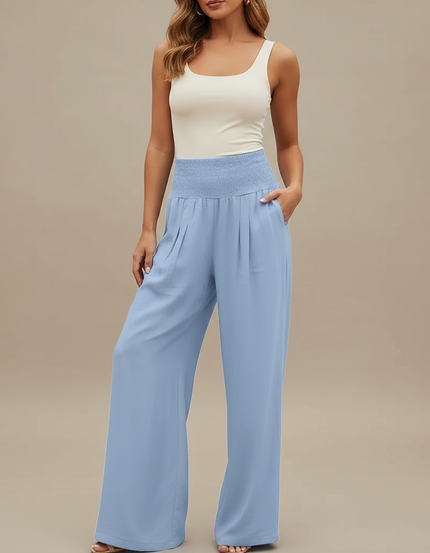 Pantalon Fluide Bleu Ciel Ample Plissé Smocké Décontracté - Polyester