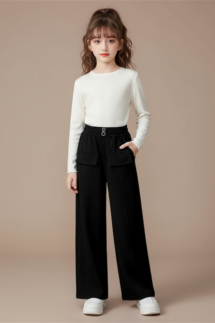 Pantalon Fluide Noir Ample Taille Haute Fille - Polyester