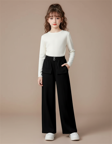 Pantalon Fluide Noir Ample Taille Haute Fille - Polyester