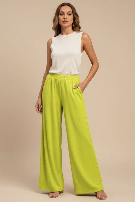 Pantalon Fluide Vert Citron Ample Décontracté Femme - Maille