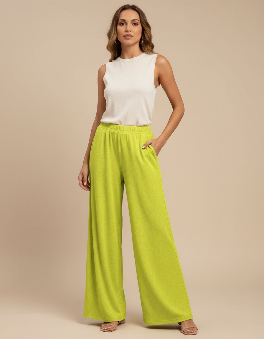 Pantalon Fluide Vert Citron Ample Décontracté Femme - Maille
