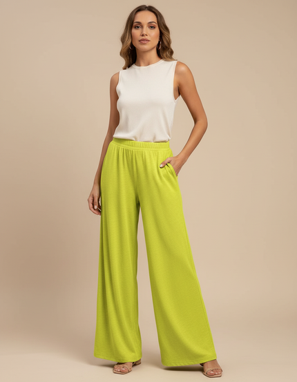 Pantalon Fluide Vert Citron Ample Décontracté Femme - Maille