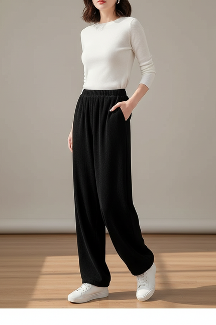 Pantalon Fluide Noir Ample Côtelé Décontracté Élégant - Cordé