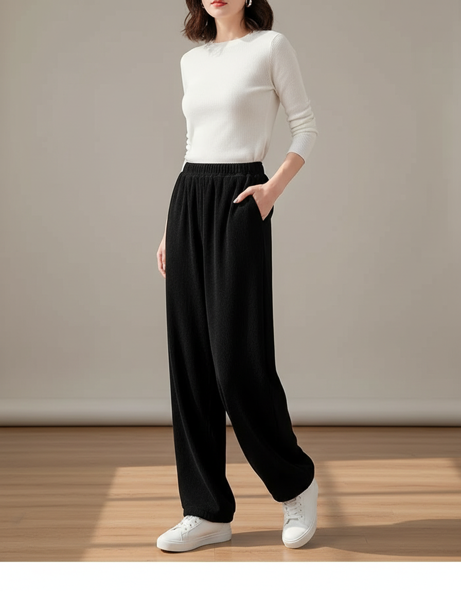 Pantalon Fluide Noir Ample Côtelé Décontracté Élégant - Cordé