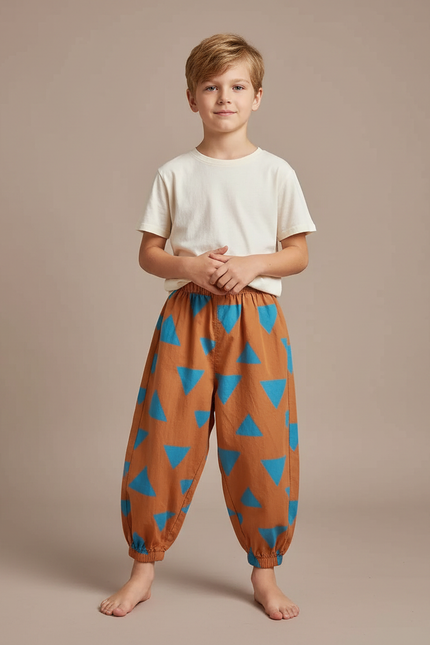 Pantalon Fluide Marron Triangles Bleus Ample Enfant - Coton