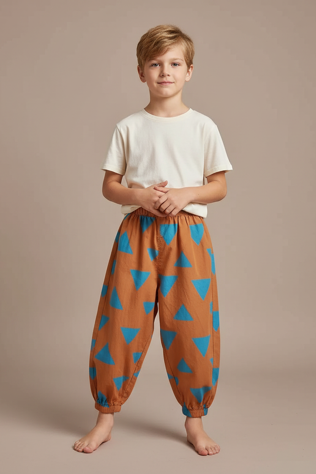 Pantalon Fluide Marron Triangles Bleus Ample Enfant - Coton