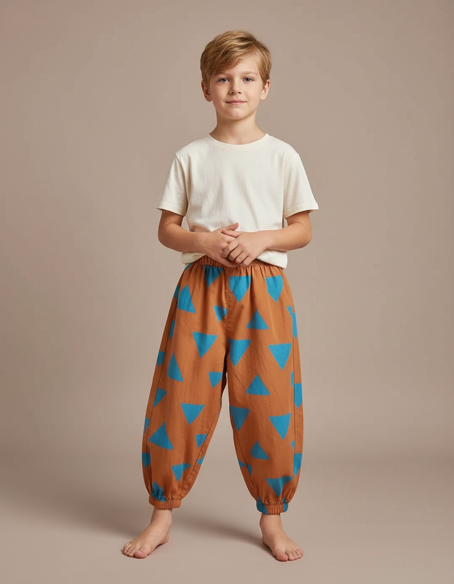 Pantalon Fluide Marron Triangles Bleus Ample Enfant - Coton