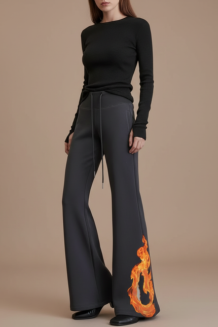 Pantalon Fluide Gris Évasé Flammes Taille Haute Confortable - Molleton