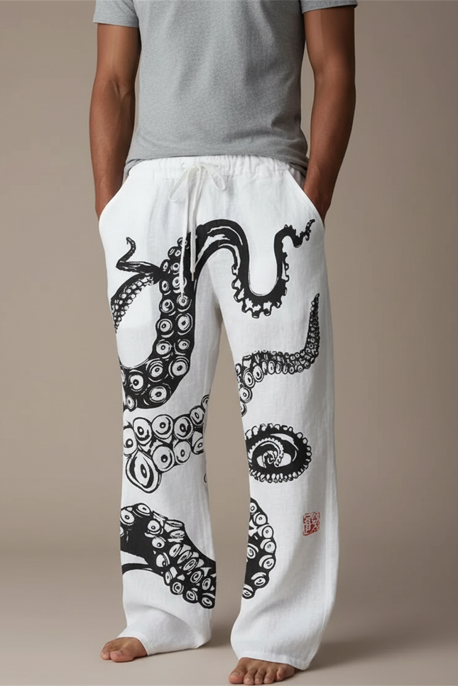Pantalon Fluide Blanc Ample Imprimé Poulpe Décontracté Homme - Lin