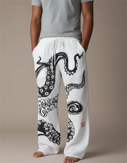 Pantalon Fluide Blanc Ample Imprimé Poulpe Décontracté Homme - Lin