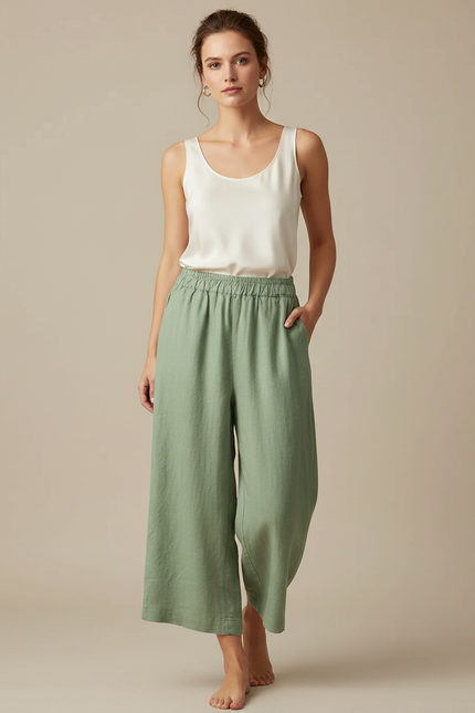 Pantalon Fluide Vert Lin Ample Court Taille Élastique