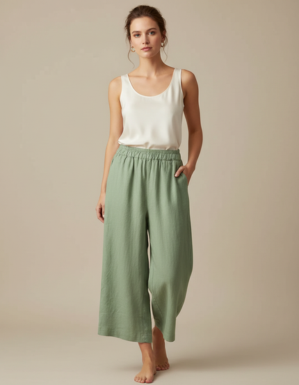 Pantalon Fluide Vert Lin Ample Court Taille Élastique