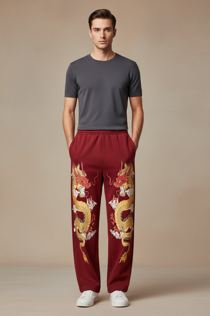 Pantalon Fluide Rouge Dragon Chinois Ample Homme - Bordeaux Molleton