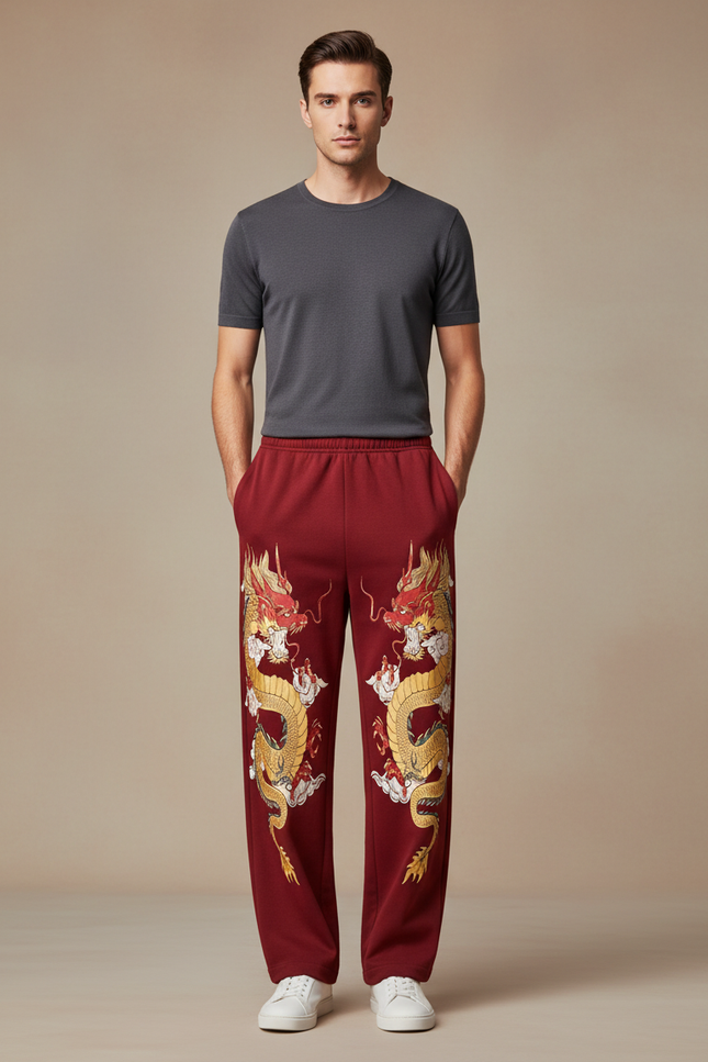 Pantalon Fluide Rouge Dragon Chinois Ample Homme - Bordeaux Molleton