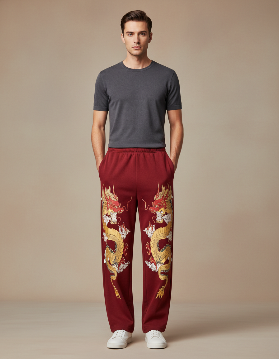 Pantalon Fluide Rouge Dragon Chinois Ample Homme - Bordeaux Molleton