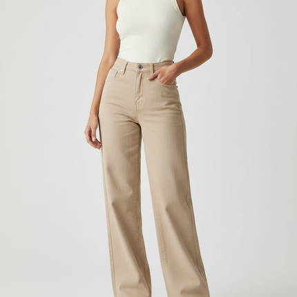Pantalon Fluide Beige Large Confortable Taille Haute Femme - Jean