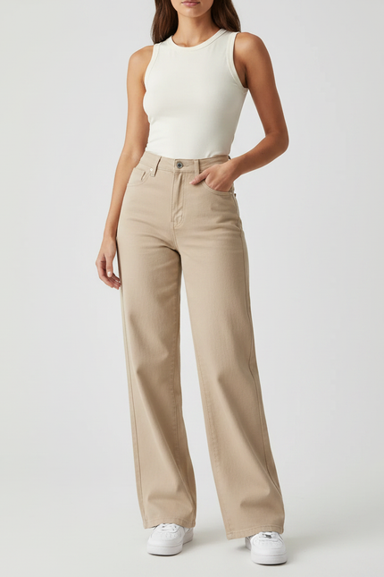 Pantalon Fluide Beige Large Confortable Taille Haute Femme - Jean