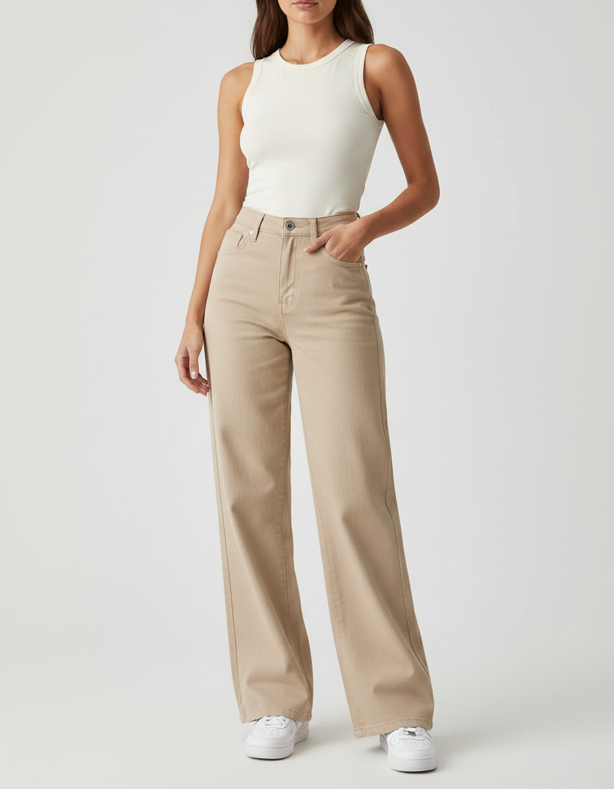 Pantalon Fluide Beige Large Confortable Taille Haute Femme - Jean