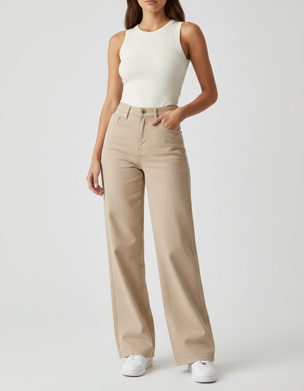 Pantalon Fluide Beige Large Confortable Taille Haute Femme - Jean