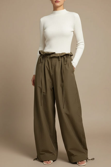Pantalon Fluide Kaki Ample Taille Haute Décontracté Femme - Polyester
