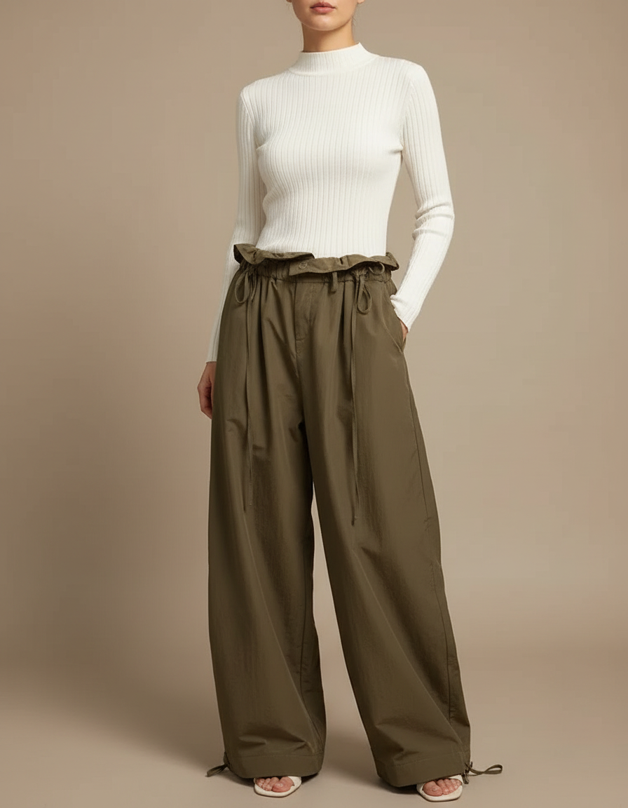 Pantalon Fluide Kaki Ample Taille Haute Décontracté Femme - Polyester