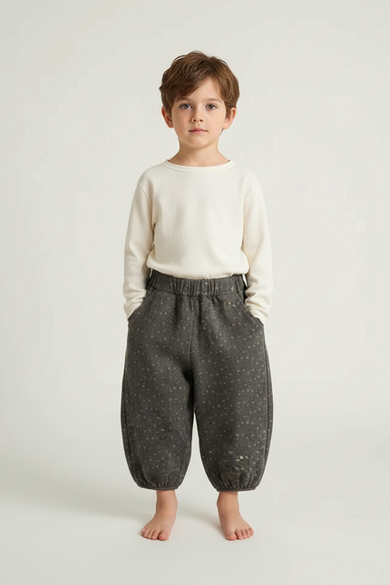 Pantalon Fluide Gris Ample Imprimé Floral Enfant - Molleton